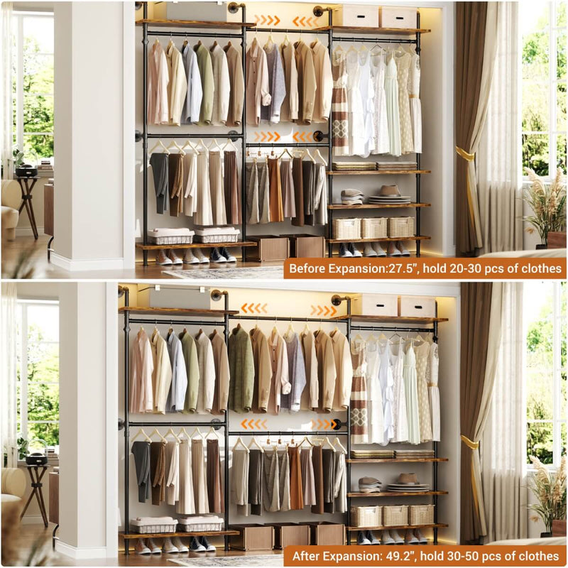 Expandable Industrial Pipe Clothing Rack, with 6 Storage Shelves