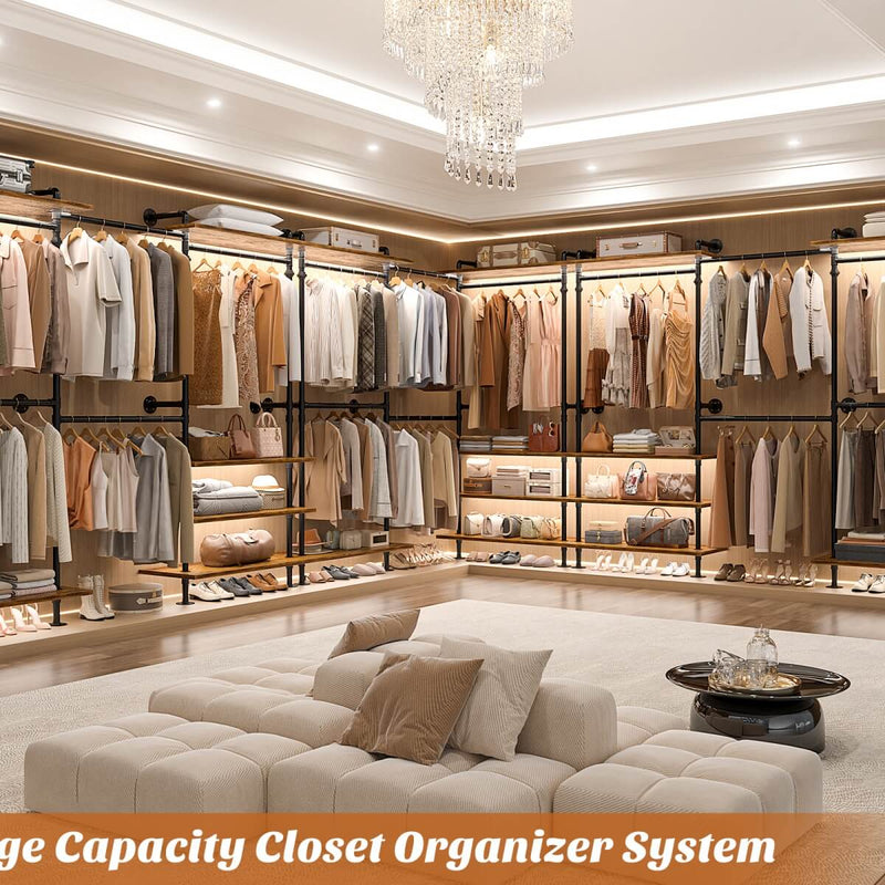 Expandable Industrial Pipe Clothing Rack, with 6 Storage Shelves