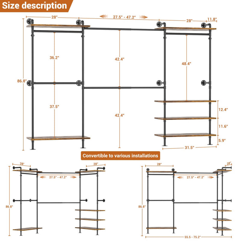 Expandable Industrial Pipe Clothing Rack, with 6 Storage Shelves