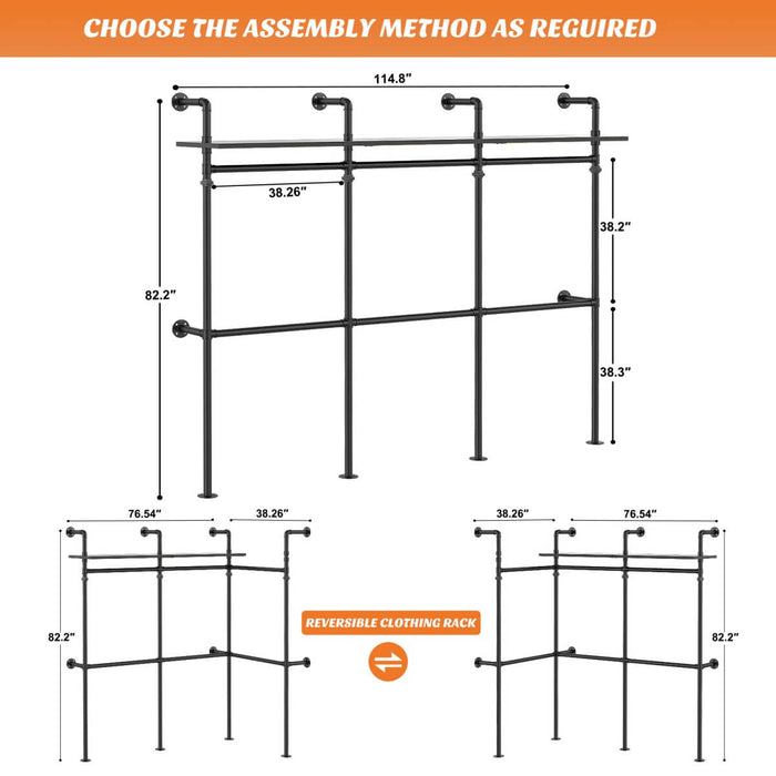 Industrial Pipe Clothing Rack, Reversible L Shaped Clothing Rack for Bedroom, 114.8''W x 82.2''H