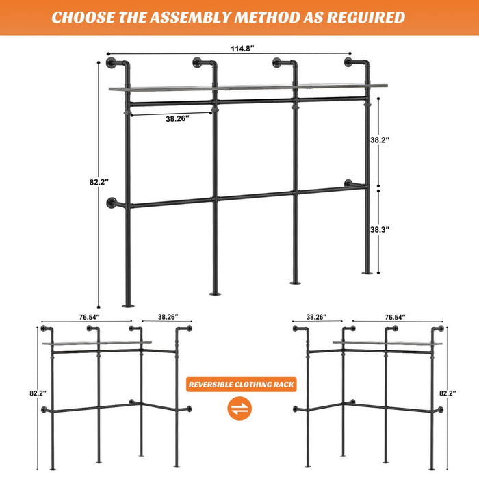Industrial Pipe Clothing Rack, Reversible L Shaped Clothing Rack for Bedroom, 114.8''W x 82.2''H