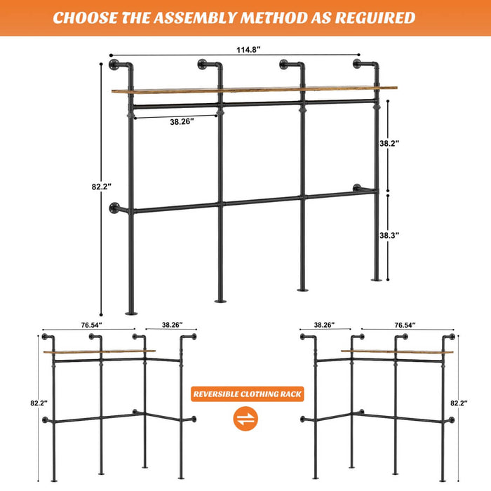 Industrial Pipe Clothing Rack, Reversible L Shaped Clothing Rack for Bedroom, 114.8''W x 82.2''H