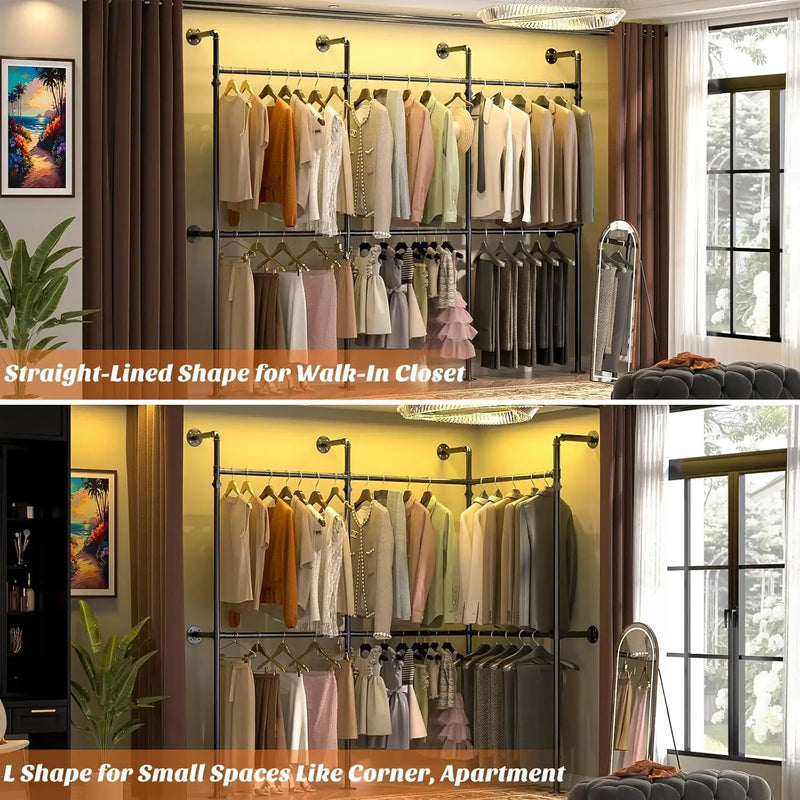 3.5 - 13 FT Wall Mounted Industrial Metal Pipe Clothing Rack, Reversible