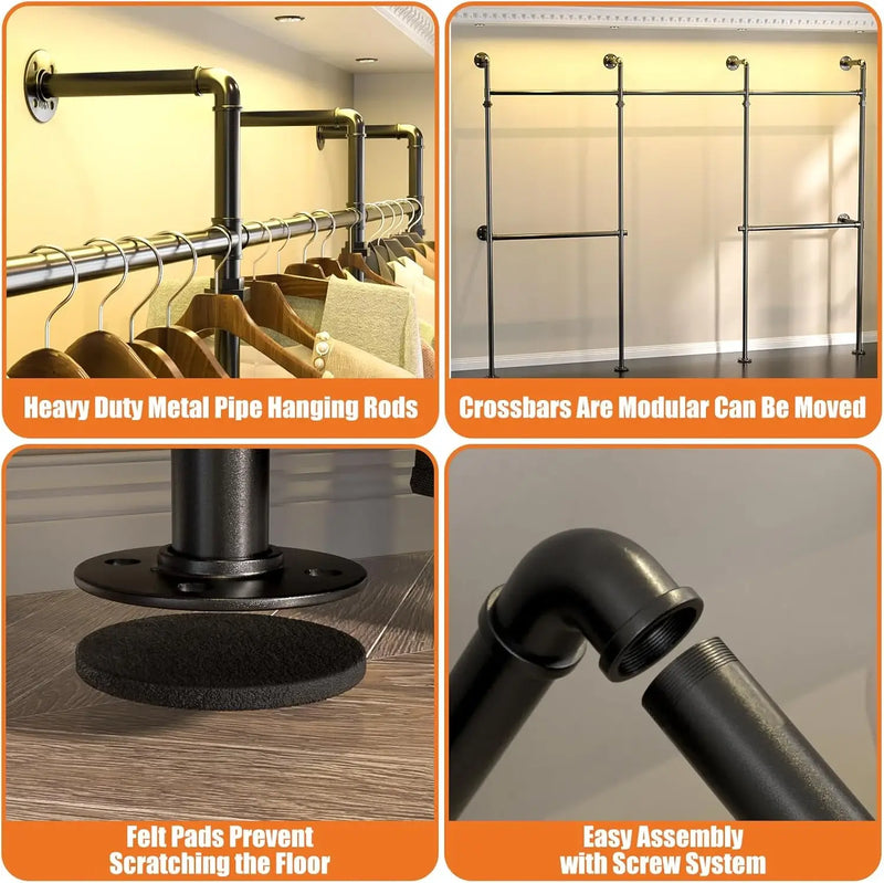 3.5 - 13 FT Wall Mounted Industrial Metal Pipe Clothing Rack, Reversible