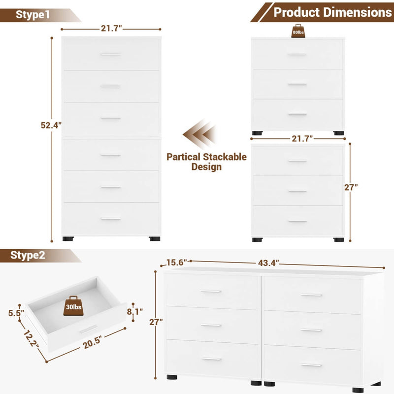 Wooden 3 Drawer Dresser, 2 Pack