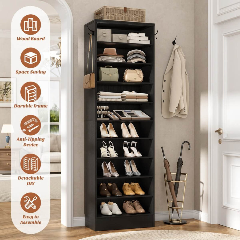 10-Tier Freestanding Wooden Shoe Rack Cabinet