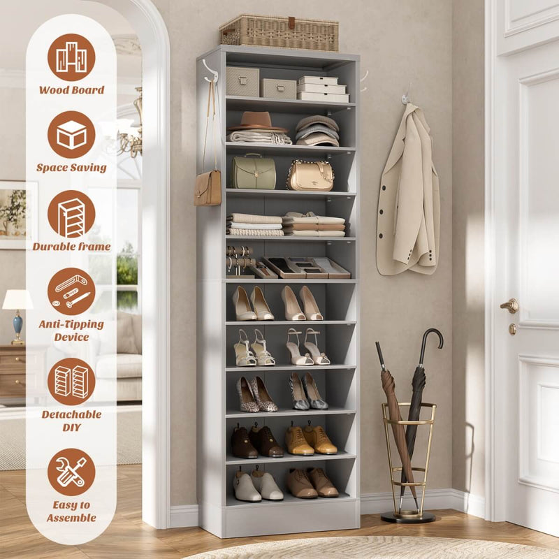 10-Tier Freestanding Wooden Shoe Rack Cabinet
