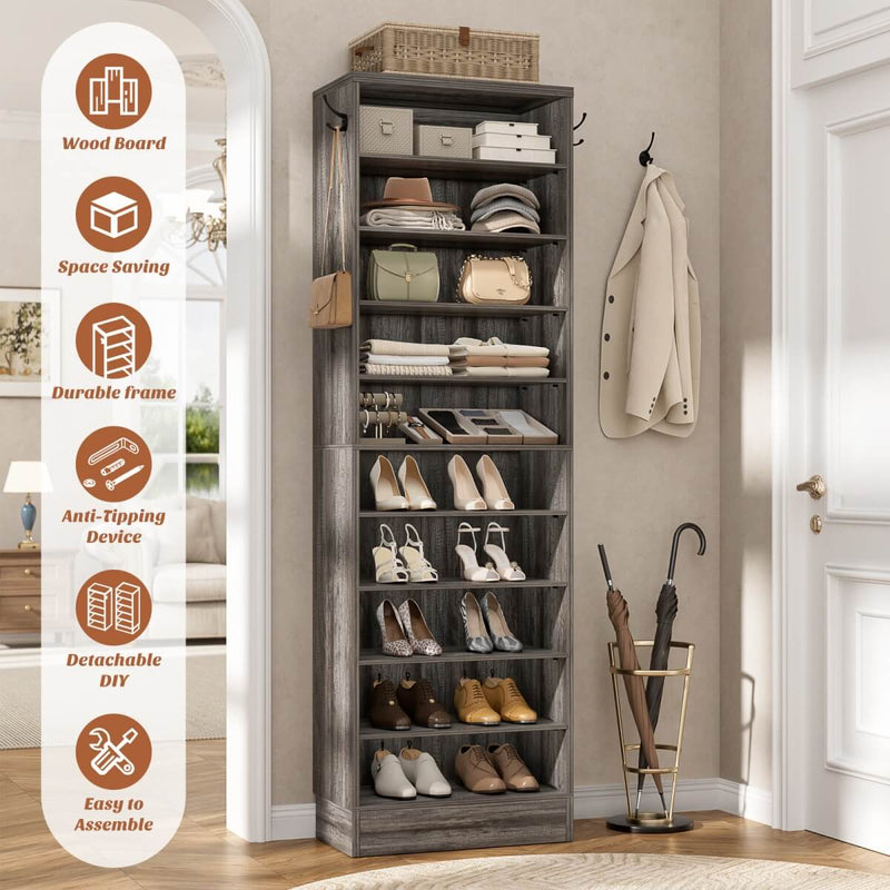 10-Tier Freestanding Wooden Shoe Rack Cabinet