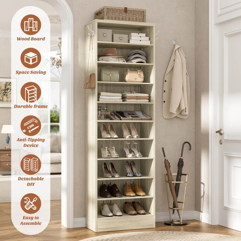 10-Tier Freestanding Wooden Shoe Rack Cabinet