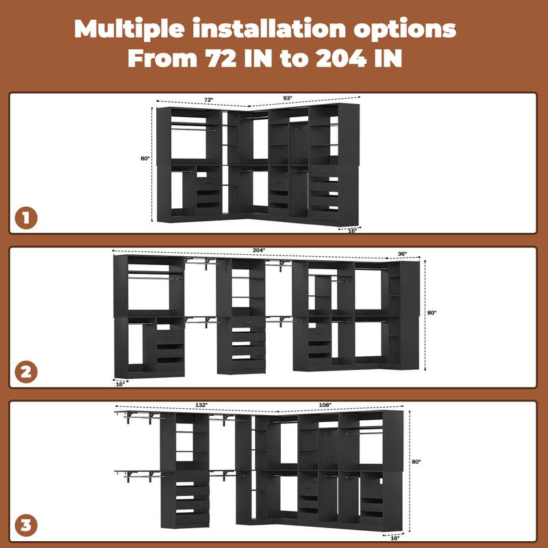 Walk-In Closet Organizer System with Corner, 4 Sets, 72-204 Inch Adjustable
