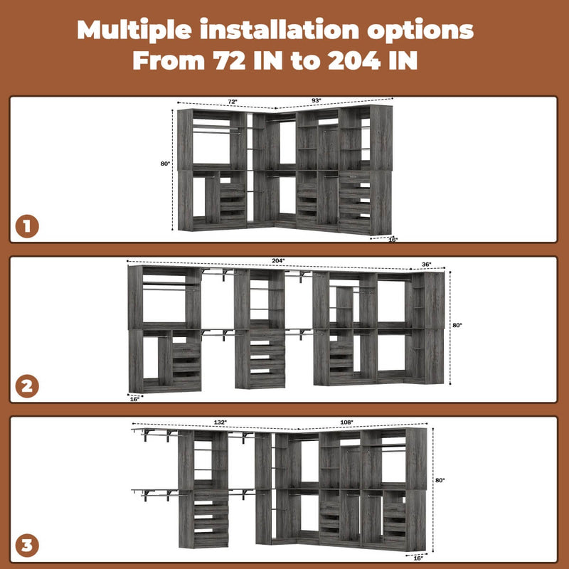 Walk-In Closet Organizer System with Corner, 4 Sets, 72-204 Inch Adjustable