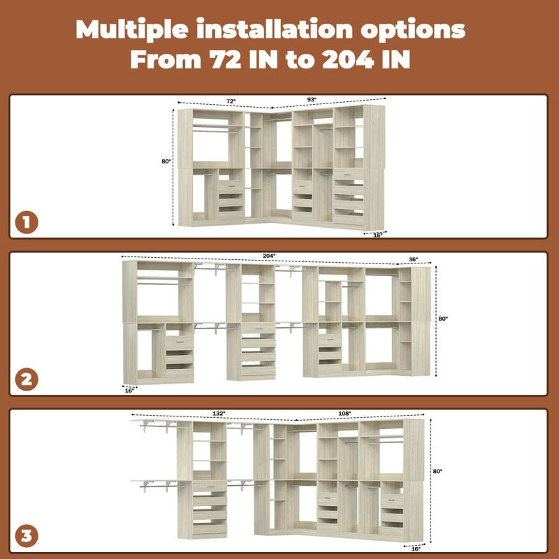 Walk-In Closet Organizer System with Corner, 4 Sets, 72-204 Inch Adjustable