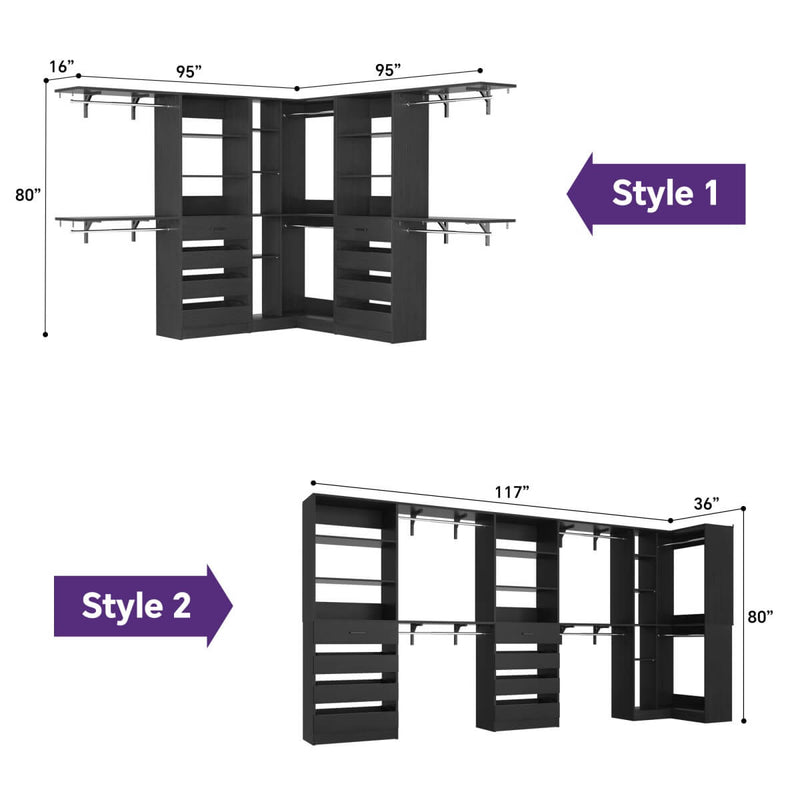 95'' - 132'' Closet System with Drawers, Shelves & Corner Closet, Set of 3
