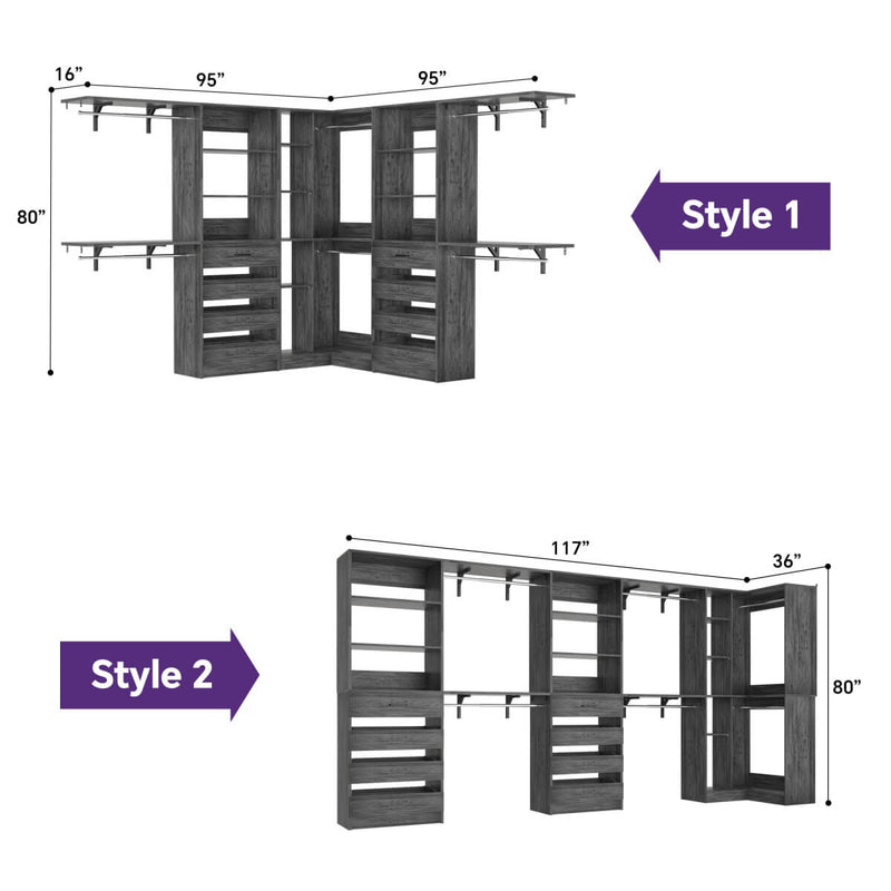 95'' - 132'' Closet System with Drawers, Shelves & Corner Closet, Set of 3