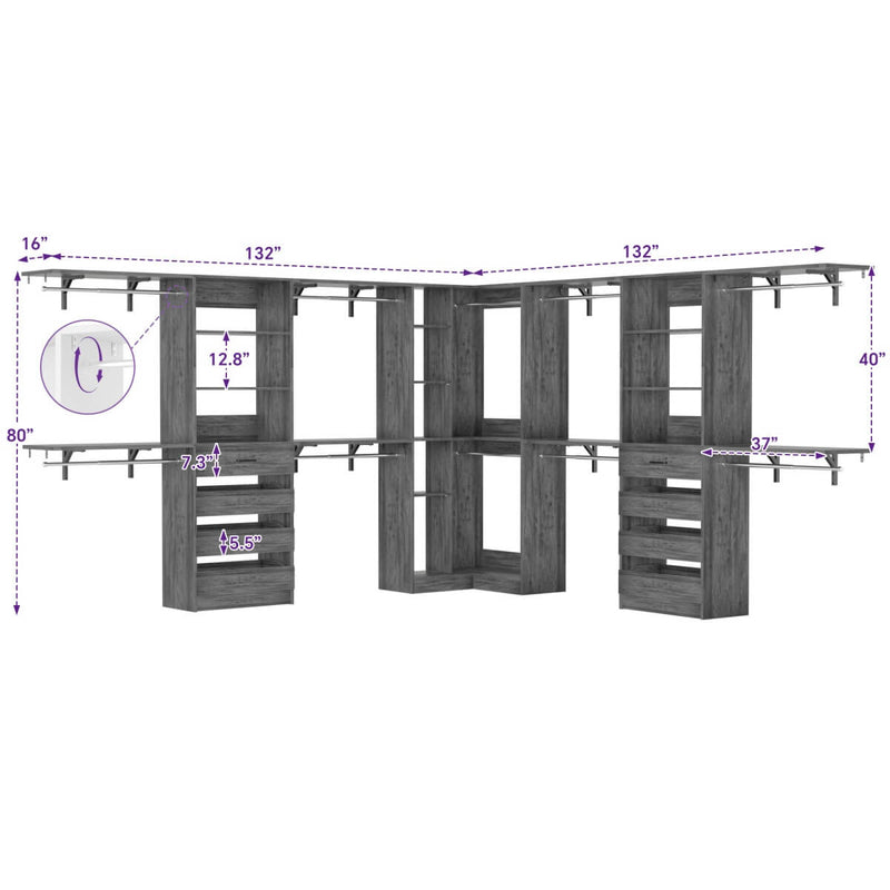 95'' - 132'' Closet System with Drawers, Shelves & Corner Closet, Set of 3