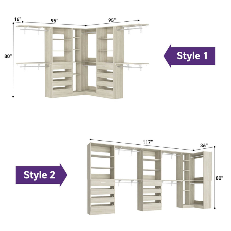 95'' - 132'' Closet System with Drawers, Shelves & Corner Closet, Set of 3