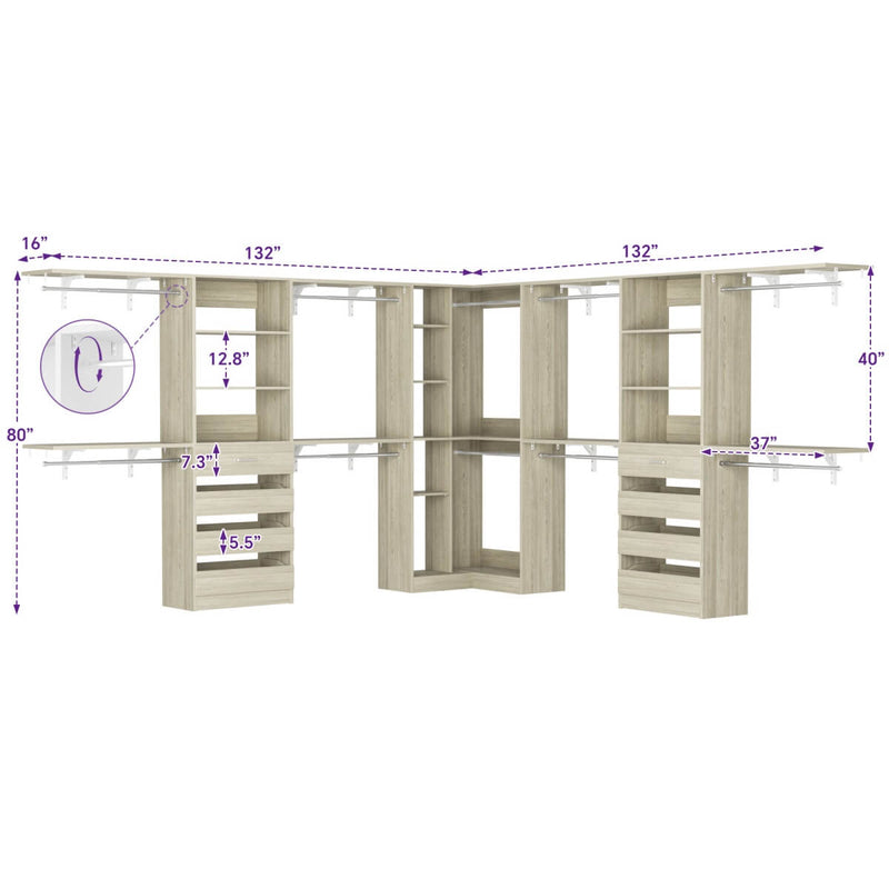 95'' - 132'' Closet System with Drawers, Shelves & Corner Closet, Set of 3