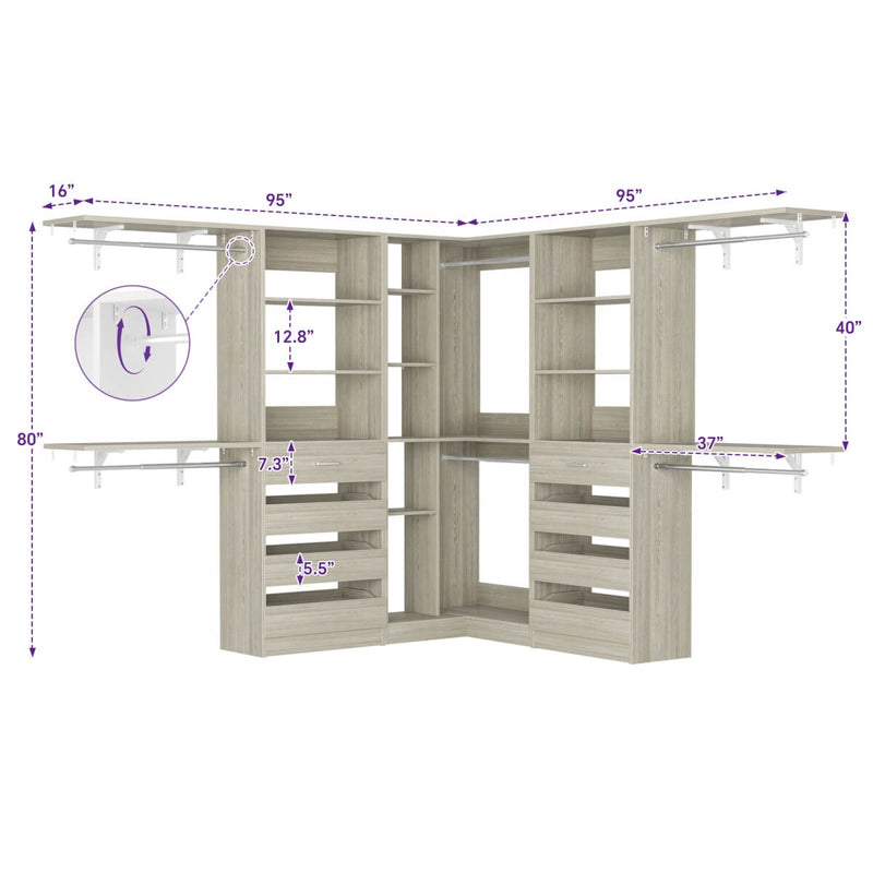 Aheaplus 95'' - 132'' Closet System with Drawers, Shelves & Corner ...