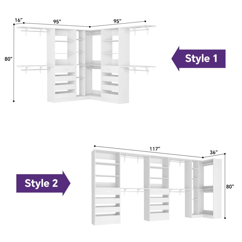 95'' - 132'' Closet System with Drawers, Shelves & Corner Closet, Set of 3