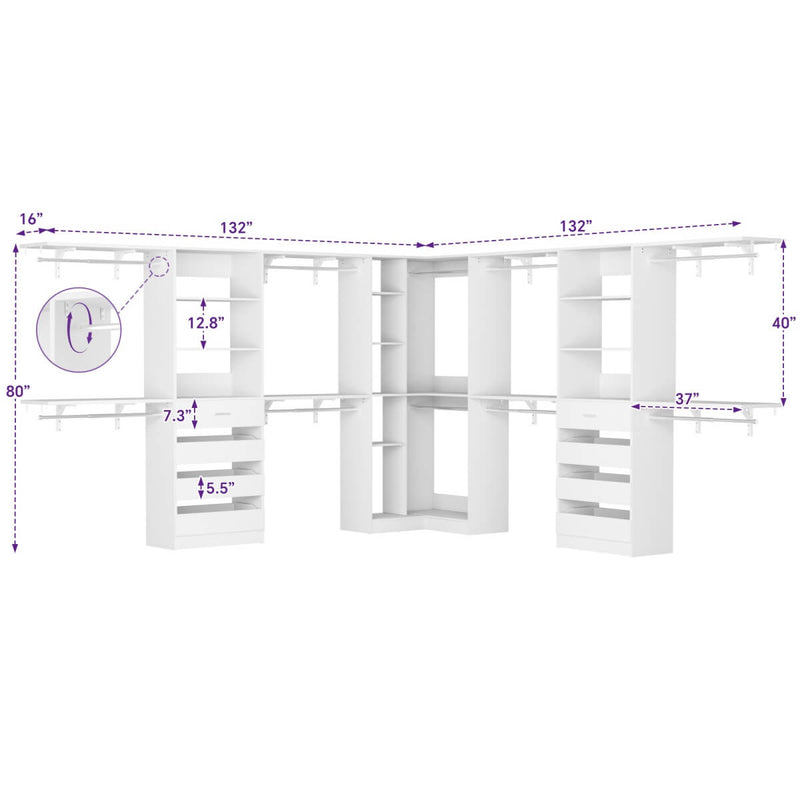95'' - 132'' Closet System with Drawers, Shelves & Corner Closet, Set of 3