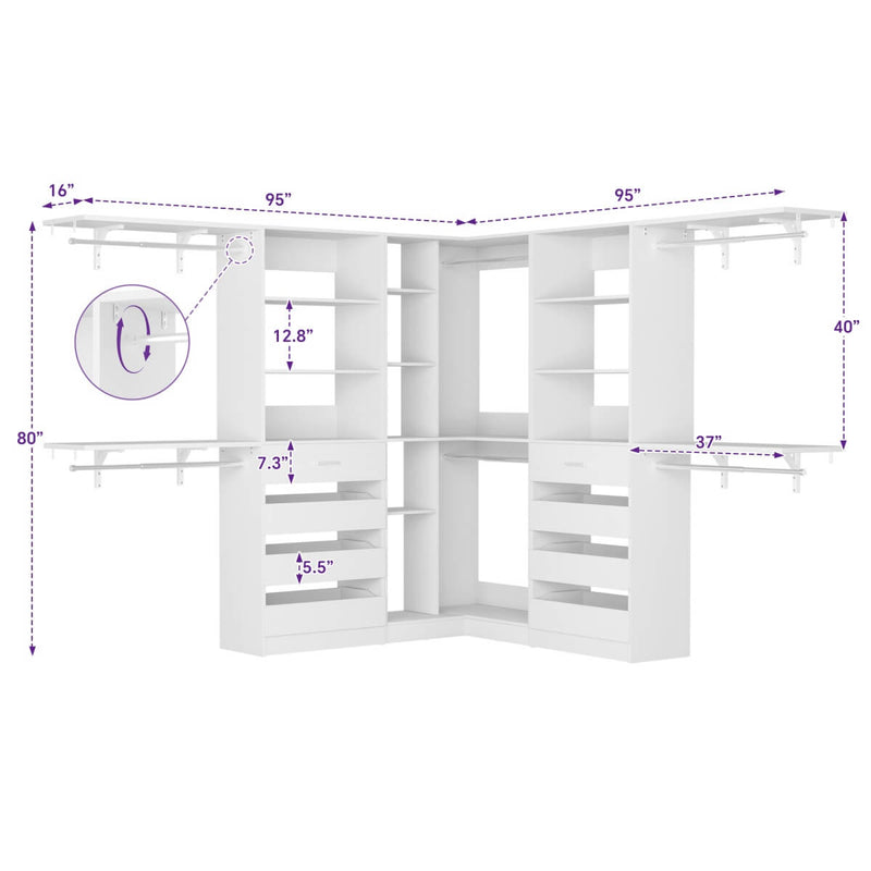 95'' - 132'' Closet System with Drawers, Shelves & Corner Closet, Set of 3