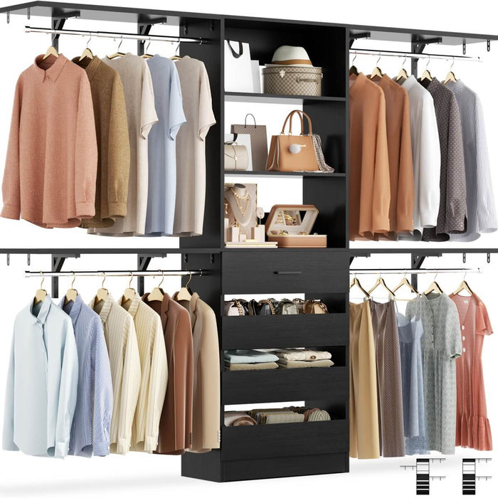 8FT White Closet System with 4 Wooden Drawers, Closet Organizer with 4 Hanging Rods & Shelf Towers