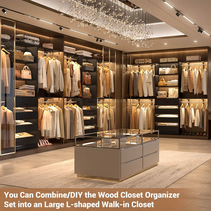8FT White Closet System with 4 Wooden Drawers, Closet Organizer with 4 Hanging Rods & Shelf Towers