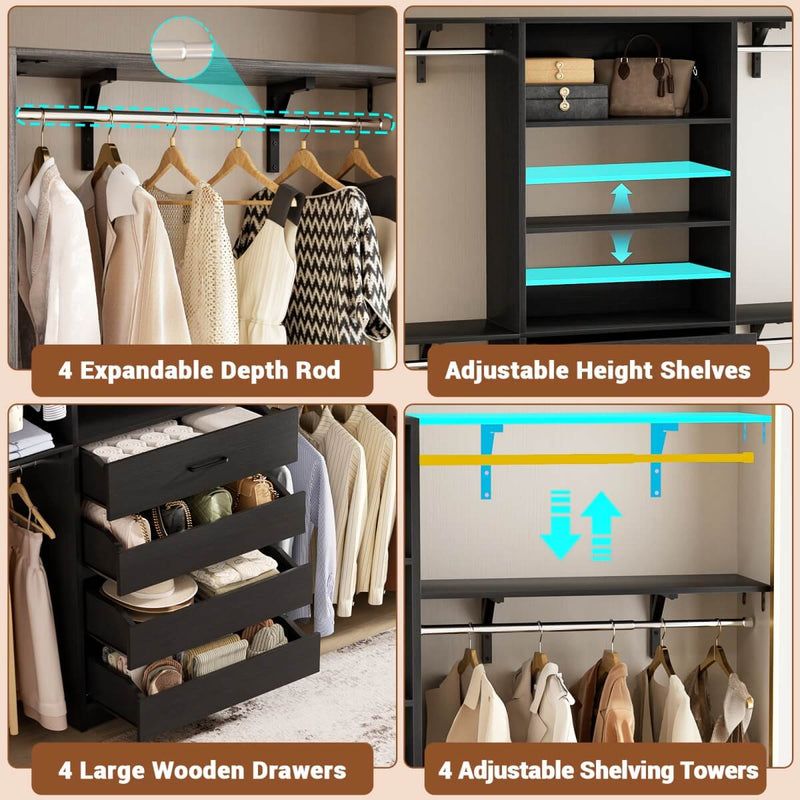 8FT Closet System with 4 Wooden Drawers, Closet Organizer with 4 Hanging Rods & Shelf Towers