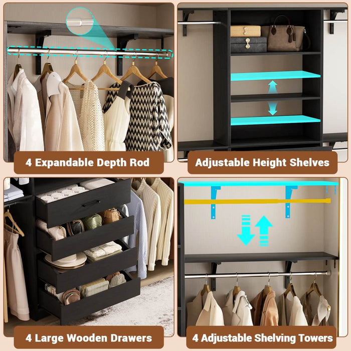 8FT White Closet System with 4 Wooden Drawers, Closet Organizer with 4 Hanging Rods & Shelf Towers