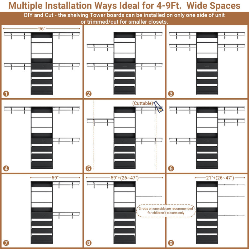 8FT Closet System with 4 Wooden Drawers, Closet Organizer with 4 Hanging Rods & Shelf Towers