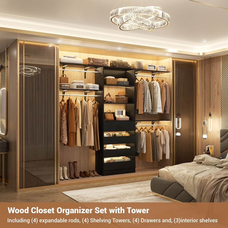8FT Closet System with 4 Wooden Drawers, Closet Organizer with 4 Hanging Rods & Shelf Towers