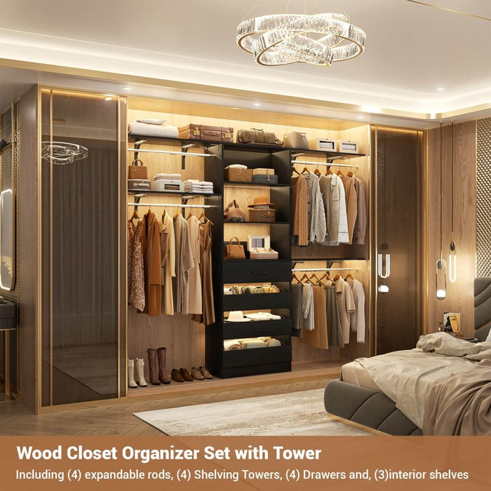 8FT White Closet System with 4 Wooden Drawers, Closet Organizer with 4 Hanging Rods & Shelf Towers
