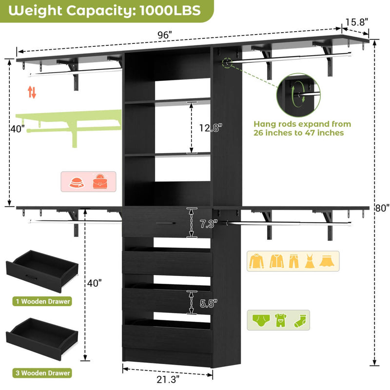 8FT Closet System with 4 Wooden Drawers, Closet Organizer with 4 Hanging Rods & Shelf Towers