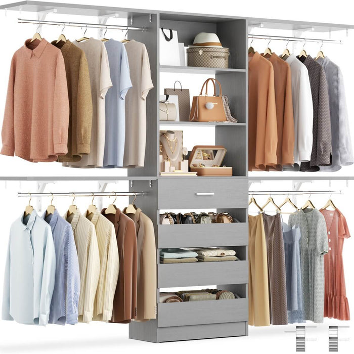 8FT White Closet System with 4 Wooden Drawers, Closet Organizer with 4 Hanging Rods & Shelf Towers