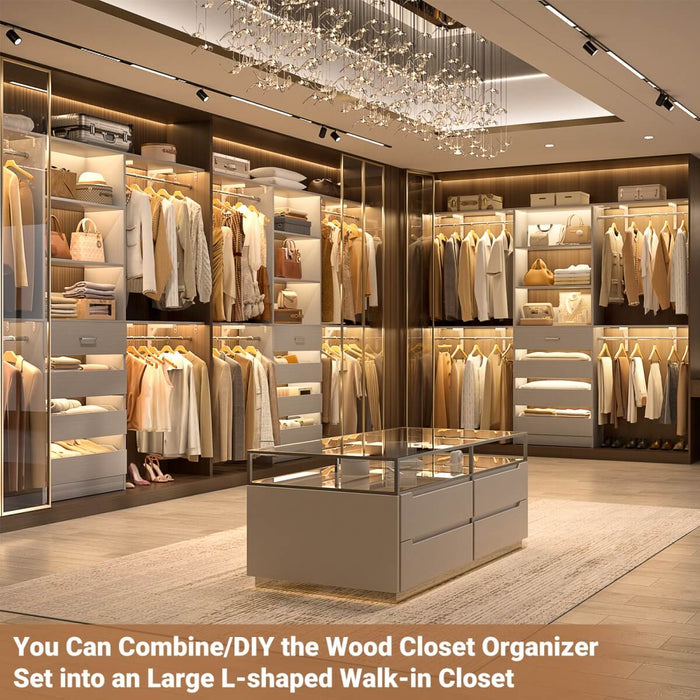 8FT White Closet System with 4 Wooden Drawers, Closet Organizer with 4 Hanging Rods & Shelf Towers
