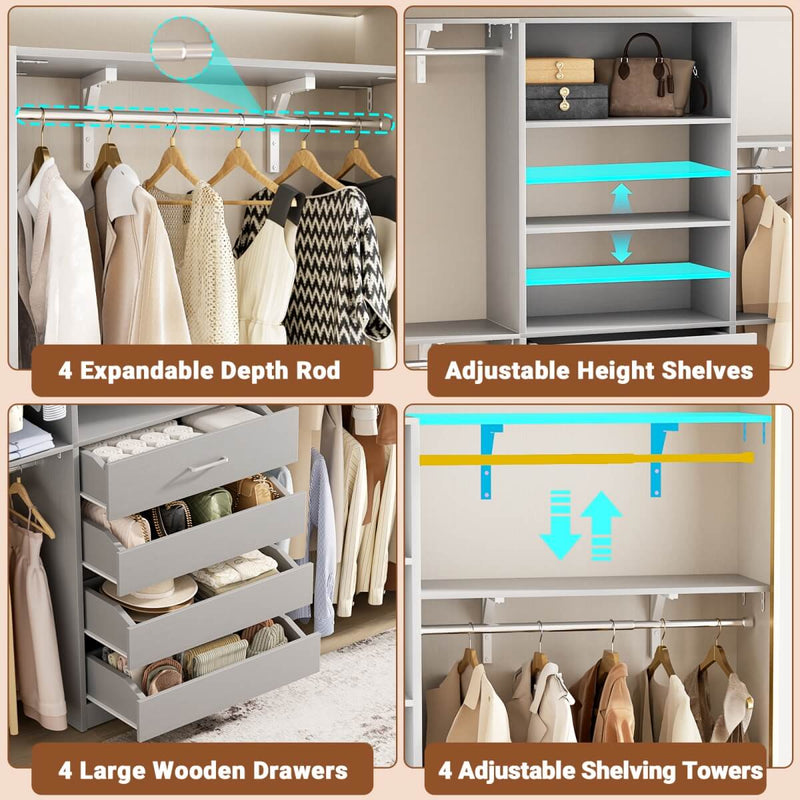 8FT Closet System with 4 Wooden Drawers, Closet Organizer with 4 Hanging Rods & Shelf Towers