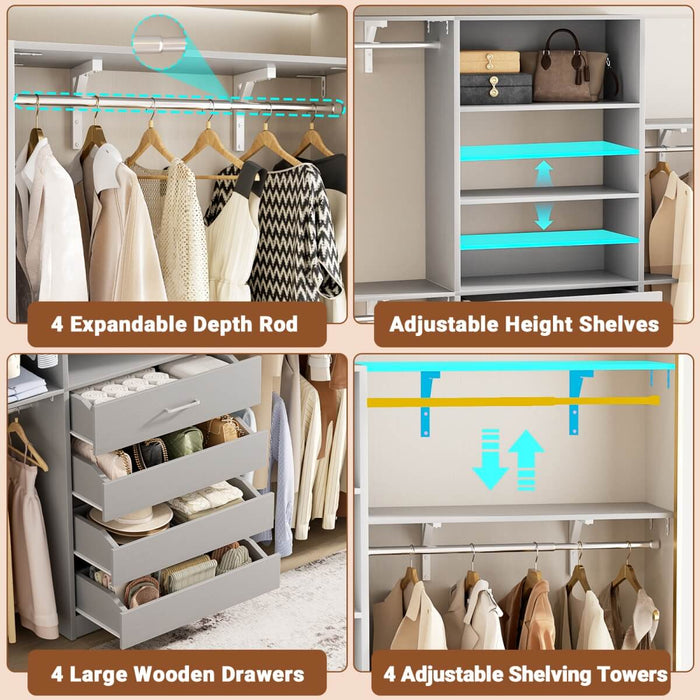 8FT White Closet System with 4 Wooden Drawers, Closet Organizer with 4 Hanging Rods & Shelf Towers
