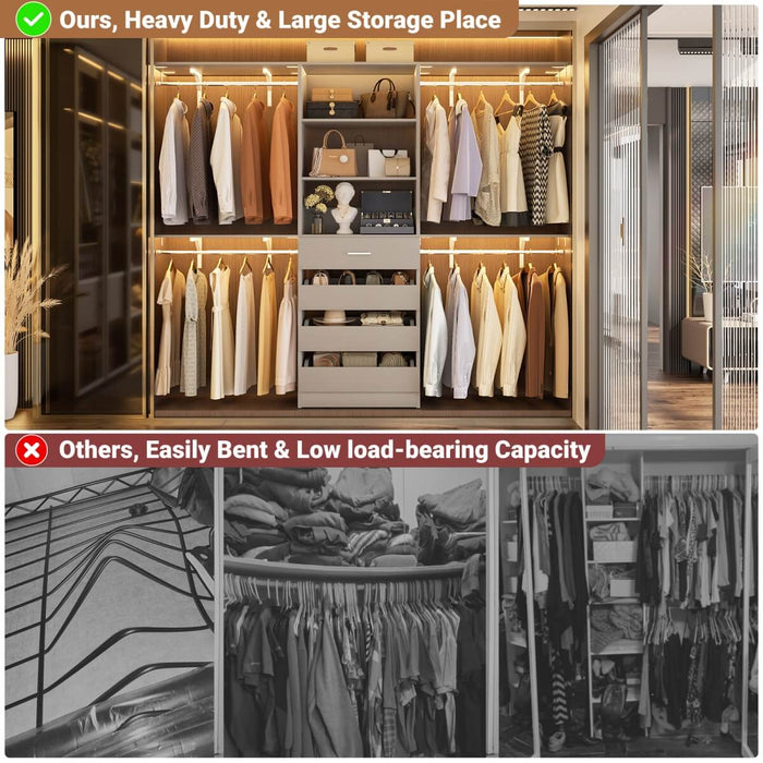 8FT White Closet System with 4 Wooden Drawers, Closet Organizer with 4 Hanging Rods & Shelf Towers