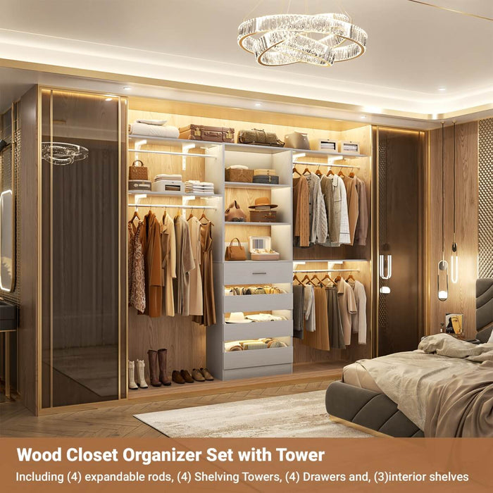 8FT White Closet System with 4 Wooden Drawers, Closet Organizer with 4 Hanging Rods & Shelf Towers