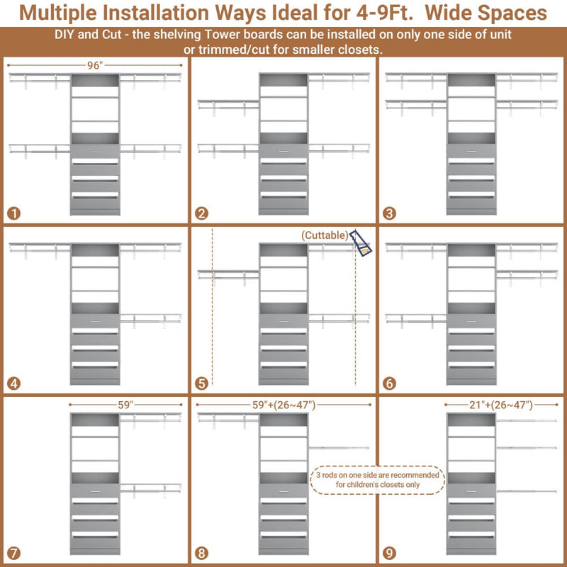 8FT Closet System with 4 Wooden Drawers, Closet Organizer with 4 Hanging Rods & Shelf Towers
