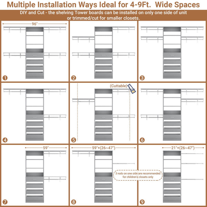 8FT White Closet System with 4 Wooden Drawers, Closet Organizer with 4 Hanging Rods & Shelf Towers