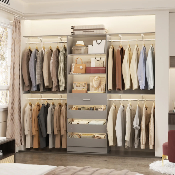 8FT Closet System with 4 Wooden Drawers, Closet Organizer with 4 Hanging Rods & Shelf Towers
