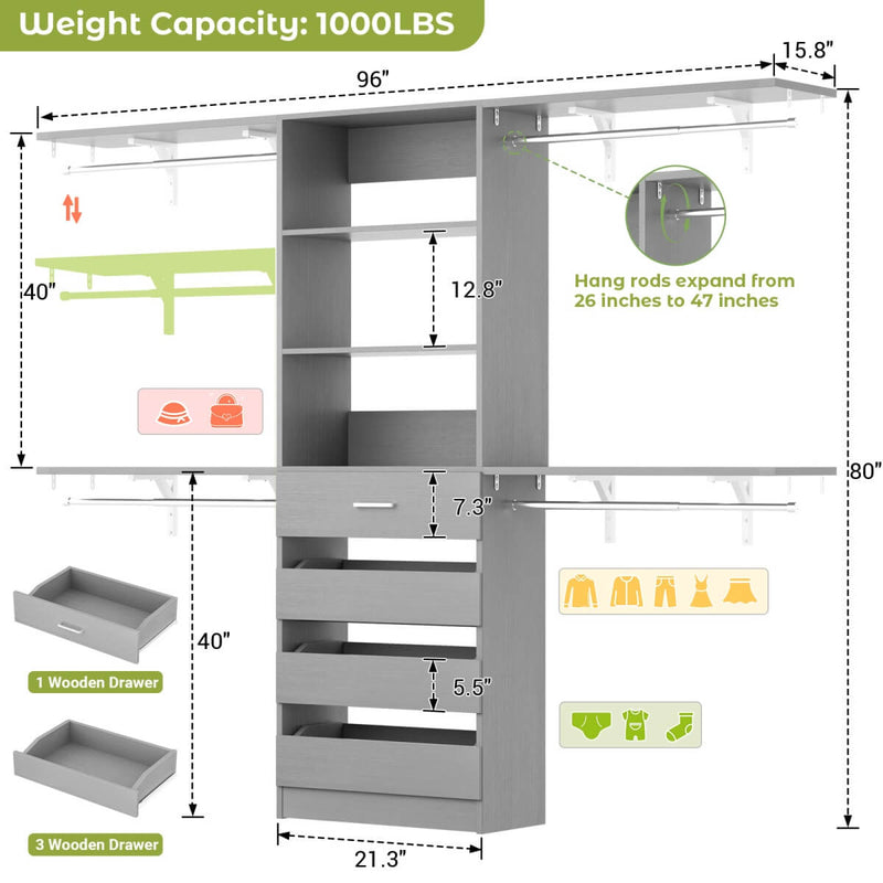 8FT Closet System with 4 Wooden Drawers, Closet Organizer with 4 Hanging Rods & Shelf Towers