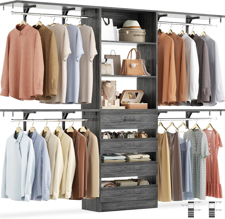 8FT White Closet System with 4 Wooden Drawers, Closet Organizer with 4 Hanging Rods & Shelf Towers