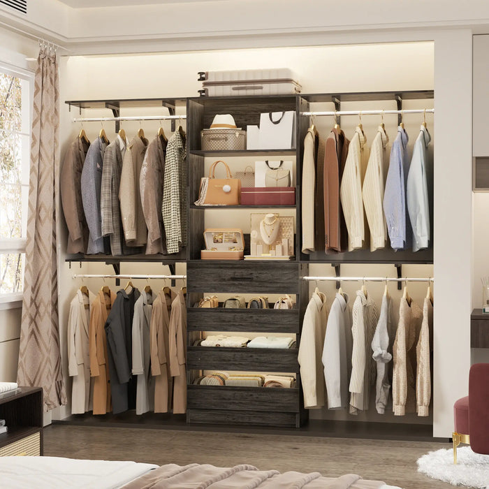 8FT Closet System with 4 Wooden Drawers, Closet Organizer with 4 Hanging Rods & Shelf Towers