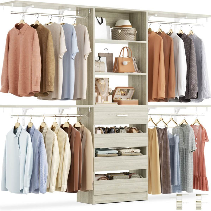 8FT White Closet System with 4 Wooden Drawers, Closet Organizer with 4 Hanging Rods & Shelf Towers