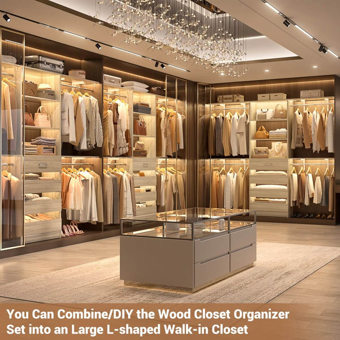 8FT White Closet System with 4 Wooden Drawers, Closet Organizer with 4 Hanging Rods & Shelf Towers
