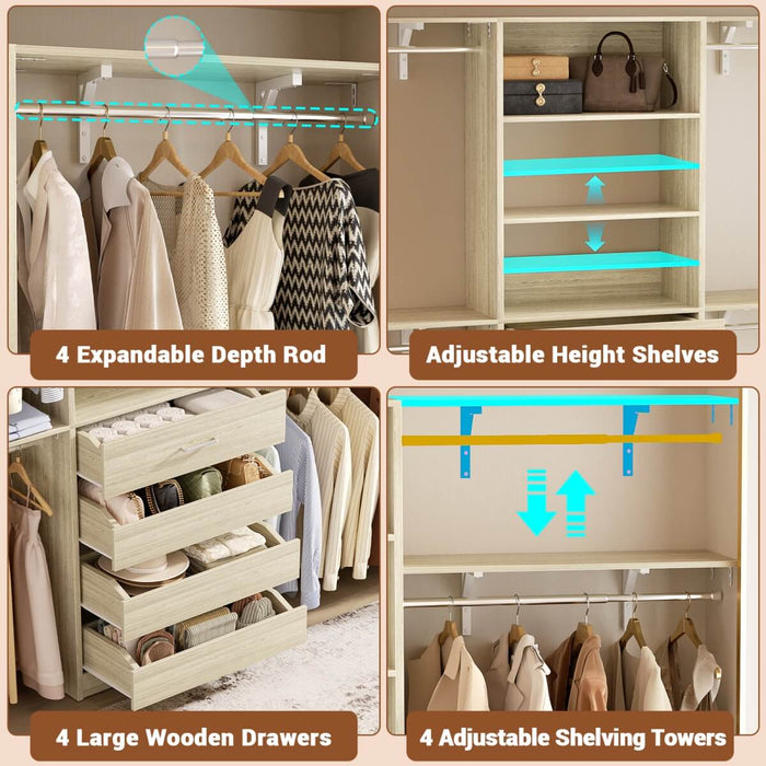 8FT White Closet System with 4 Wooden Drawers, Closet Organizer with 4 Hanging Rods & Shelf Towers