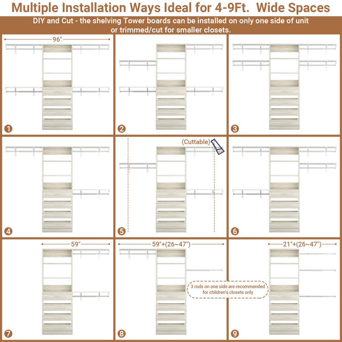 8FT White Closet System with 4 Wooden Drawers, Closet Organizer with 4 Hanging Rods & Shelf Towers
