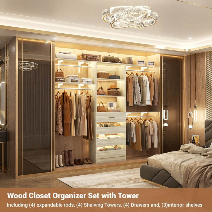8FT White Closet System with 4 Wooden Drawers, Closet Organizer with 4 Hanging Rods & Shelf Towers